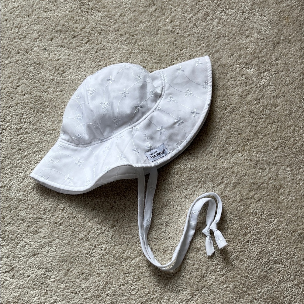 Flap Happy White Embroidered Sun Hat with Chin Tie